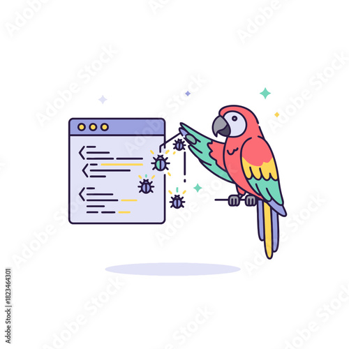 Colorful Parrot Mascot Finding Software Debugging Bugs