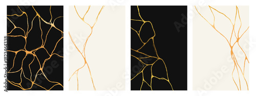 Luxury kintsugi gold crack templates. Japanese marble texture with golden lines