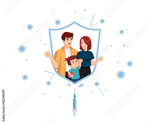 Vaccinated family is protected from infection by an immunity shield. Power of vaccination concept, promo, advertising. Vector illustration in flat style.