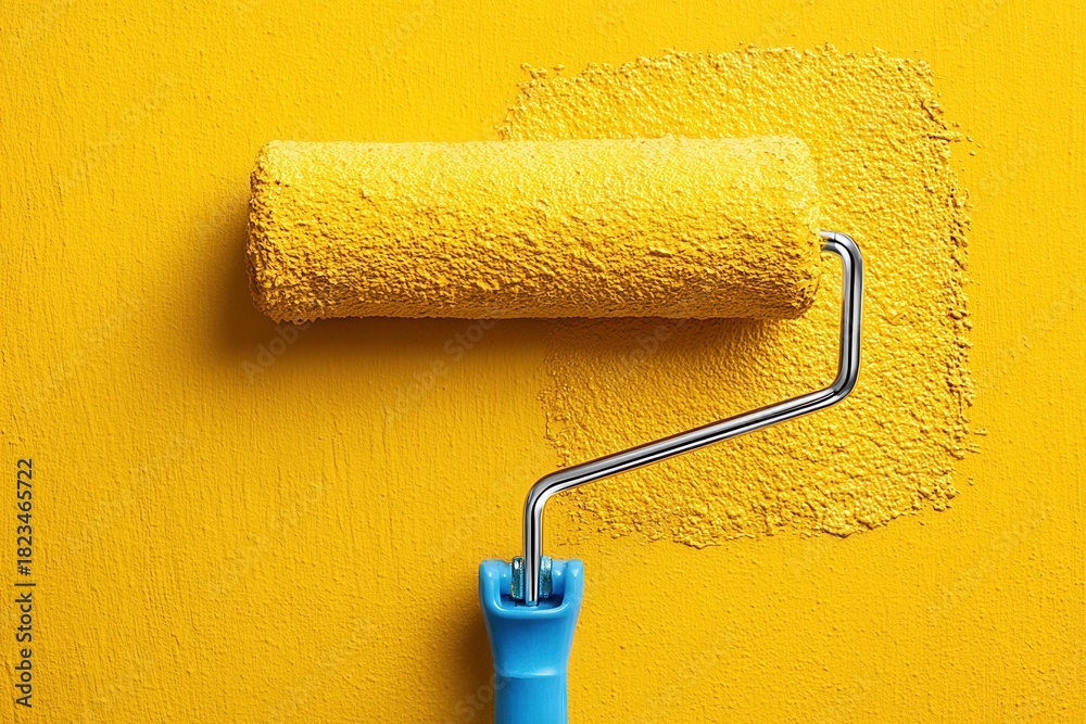 Obraz premium Vibrant yellow paint being applied with a roller on a wall in a bright and cheerful space