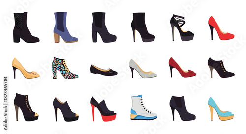 A diverse collection of fashionable women's footwear including boots, high heels, and flat shoes, showcasing various styles and colors.