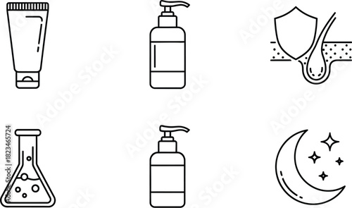Skincare & Beauty Routine Line Art Icons – Vector Set for Cosmetics, Science, and Night Care Products