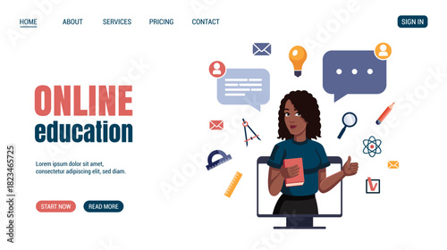 African female teacher shows thumb up and holds book in computer monitor. Surrounded by educational objects. Online Education, knowledge concept Website, web page design. Vector. Back too school