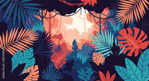 Stylized tropical jungle landscape illustration with a vibrant array of colorful leaves and vines, featuring a bright clearing in the background.