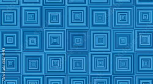 Abstract geometric pattern composed of a grid of squares, each filled with concentric blue rectangles, generating an engaging optical illusion and depth.