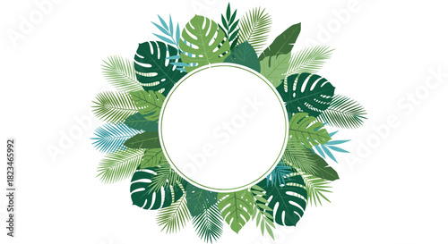 A beautiful tropical leaf wreath in various shades of green and blue surrounds a central white circle, ideal for summer design.