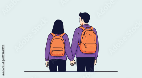 Young couple with matching backpacks holding hands, walking together, seen from behind, against a simple blue background.