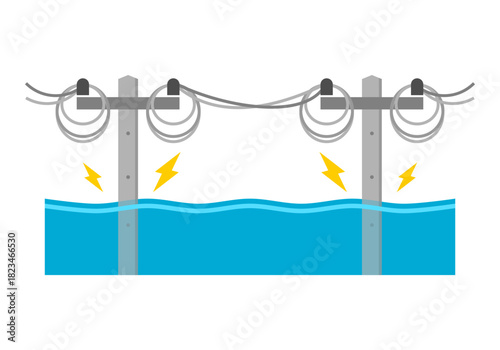 Flooding of electric poles cause danger electrocution risk flat vector design