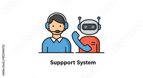 support system featuring a human and chatbot working together to provide tech solutions ideal for illustrating ai assistance and customer support services.