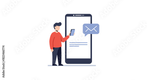 reading message on phone person checking email notification near large smartphone ideal for tech blog software marketing digital lifestyle communication.