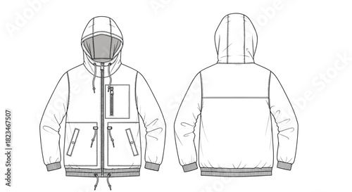 Front and back technical flat drawing of a men's hooded casual jacket with multiple pockets, ribbed cuffs and hem, and drawstring details.