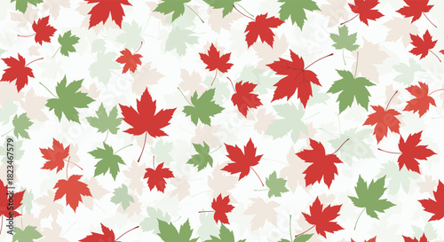 A delightful and seamless pattern of vibrant red and green maple leaves, some with a soft translucent effect, scattered over a clean white background.