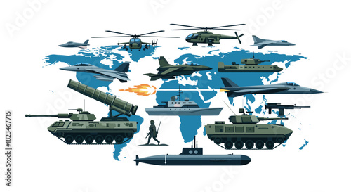A dynamic illustration featuring various military vehicles and weaponry, including tanks, fighter jets, and submarines, spread across a world map.