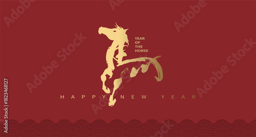 Chinese New Year and Year of the Horse theme featuring an elegant golden calligraphy character ‘Horse’ on a red background. Perfect for greeting cards, posters, and New Year decorations.