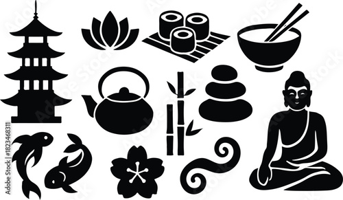 Asian spa meditation and relaxation culture symbols set