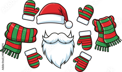 Festive Christmas Santa Claus Accessories Set with Hat, White Beard, Striped Red and Green Mittens and Scarf, Holiday Isolated Illustration