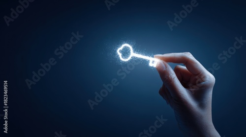 Unlocking Success: A hand delicately holds a glowing key against a dark backdrop, symbolizing opportunity, access, and the path to achievement. 