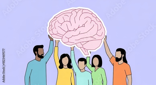 Diverse group of people cartoon illustration collaboratively holding up a large brain graphic, symbolizing collective intelligence, mental health awareness, and teamwork.