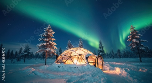 Snowy night scene cozy glass igloo beneath vibrant green aurora borealis and stars