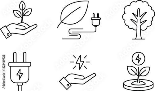 Green Energy & Sustainable Growth Line Art Icons – Vector Set for Eco Power, Nature, and Renewable Solutions