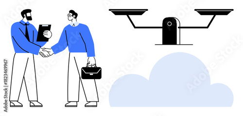 Two men shake hands, one holding a folder, another with a briefcase. Floating scales symbolize balance, justice, ethics. Ideal for law, partnership business integrity. Minimalistic flat metaphor