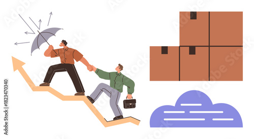 Two people climb an upward arrow, one holding an umbrella against arrows, symbolizing challenges. Boxes and a cloud represent logistics, teamwork, growth. Ideal for business, resilience, teamwork