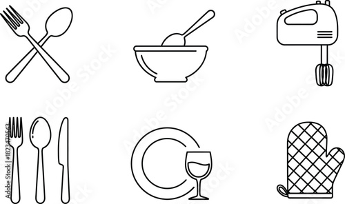 Dining & Kitchen Essentials Line Art Icons – Vector Set for Tableware, Cooking Tools, and Meal Preparation