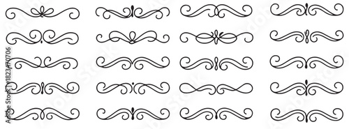 Line ornament flourish calligraphy swirl set. Elegant flourish divider, underline and scroll swash wedding font, label or accent. Line art swirl, chalk flourish, vintage ornament. Vector illustration
