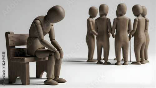 Sad wooden figure excluded from group symbolizing bullying, discrimination, isolation, and loneliness
Mental health concept in society, workplace, or school showing exclusion and emotional struggle il