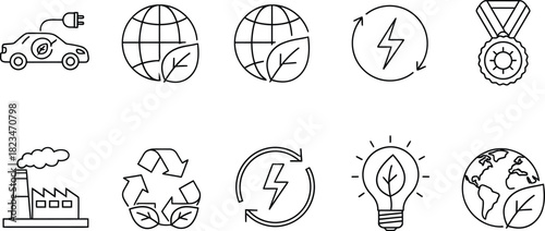 Sustainable Future & Green Technology Line Art Icons – Vector Set for Eco Mobility, Energy, and Global Responsibility