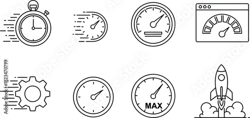 Speed, Performance & Measurement Line Art Icons – Vector Set for Efficiency, Timing, and Launch Concepts