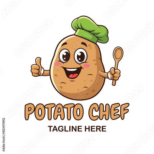 Happy Potato Chef Character Giving Thumbs up Holding Spoon, Cartoon Mascot