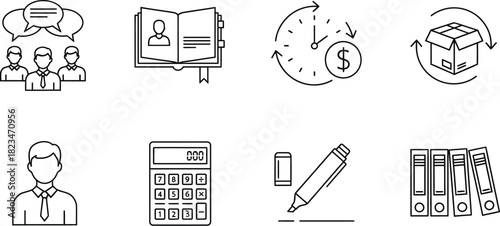 Business & Productivity Line Art Icons – Vector Set for Teamwork, Finance, Learning, and Office Management