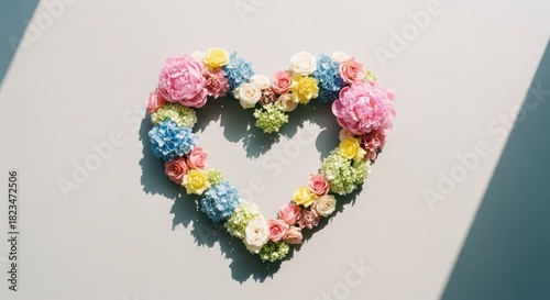 Vibrant flower heart shape, crafted from assorted blooms, casting shadows on a pale surface
