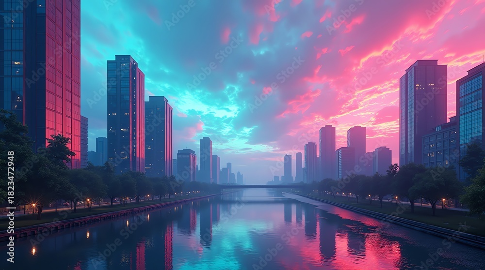 Fototapeta premium City skyline reflected in river at sunset