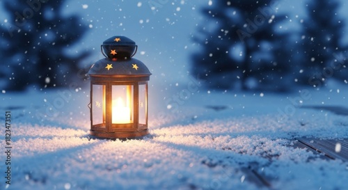 Warm glowing lantern on a snow-covered wooden surface with trees in a winter night