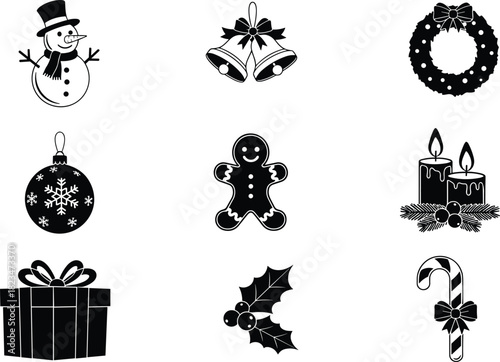Nine classic black Christmas holiday icons vector collection, featuring snowman, bells, wreath, gift, and gingerbread man silhouettes
