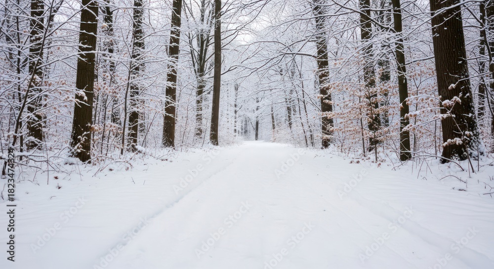 Fototapeta premium Wide snow-covered forest path lined by tall, bare trees under a white winter sky