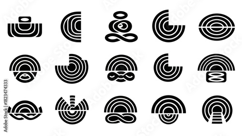Abstract black and white graphic design elements in various shapes and forms.