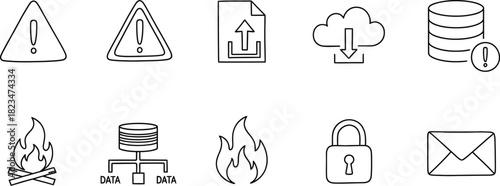 Warning & Data Security Line Art Icons – Vector Set for Alerts, Uploads, and System Protection