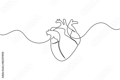 Continuous line art drawing of human heart with wave pattern