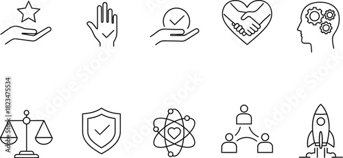 Human Values, Ethics and Innovation Line Art Icons Set