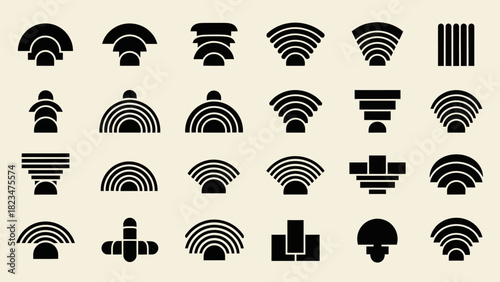 Collection of Abstract Geometric Shapes and Symbols in Black and White.