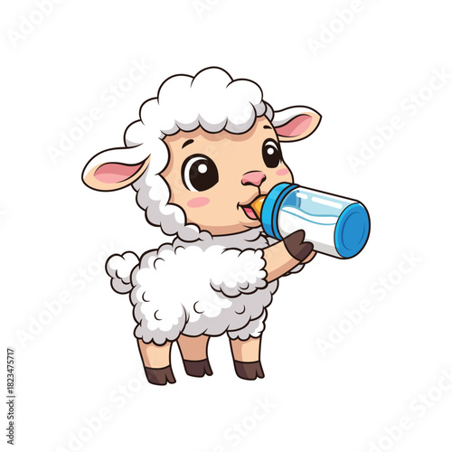 Cute Baby Sheep Drinking Milk Vector Cartoon Illustration