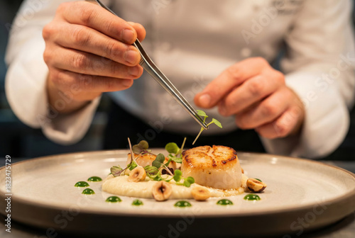 Chef using tweezers to garnish seared scallop dish with microgreens in fine dining restaurant