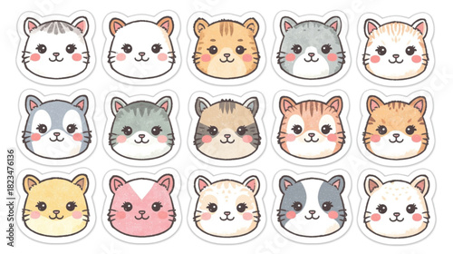 A charming collection of cute kawaii cat head stickers featuring various fur colors and patterns, presented as an adorable vector set
