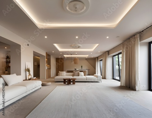 Panoramic 3D perspective of a large, luxurious minimalist living room. Highlights ceiling design with recessed and cove lighting and long white seating. Elegant and bright.