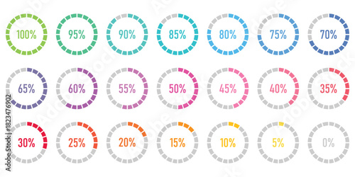 Percentage infographics flat elements. Round diagrams icons for infographics from 0 to 100 percent. Circle graph loading progress templates. Green, grey color fill divided pie charts indicators