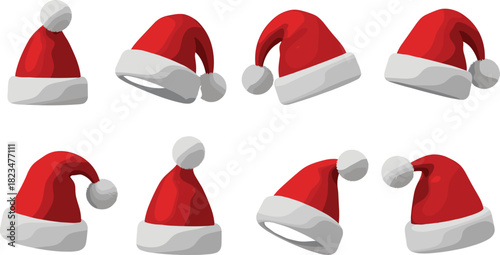 Red and white cartoon Santa hat collection with fluffy pom-poms, classic Christmas holiday accessories set in various angles and festive styles.