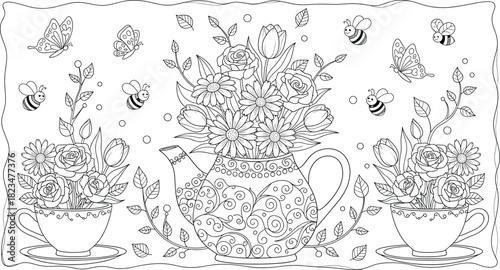 Intricate floral design with teapot, teacups, butterflies and bees, for coloring. Vector